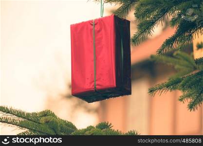 Gift wrapped in red glossy foil hung on a fir tree as a decorative element for the Christmas season, holiday