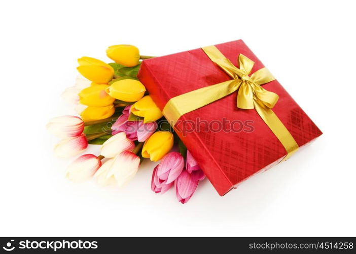 Giftbox and flowers isolated on the white background