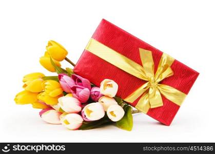 Giftbox and flowers isolated on the white background
