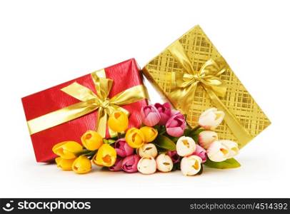 Giftbox and flowers isolated on the white background