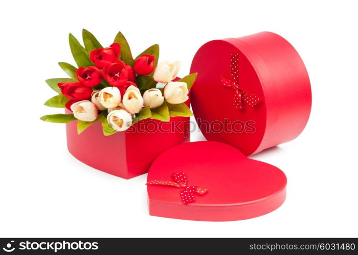 Giftbox and tulips isolated on white