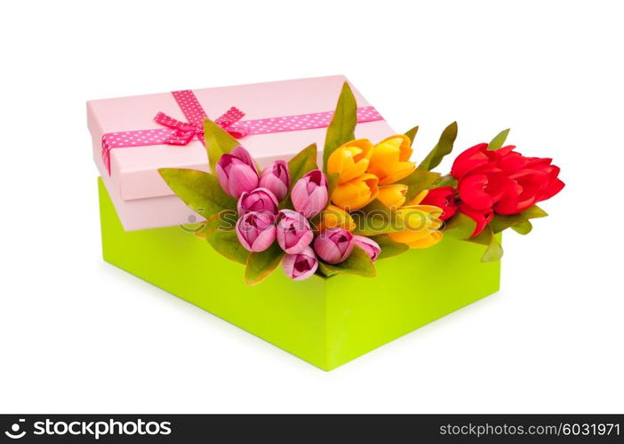 Giftbox and tulips isolated on white