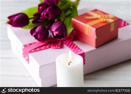 Giftbox arranged on the table in saint valentine holiday concept