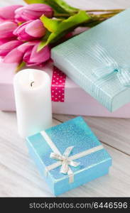 Giftbox arranged on the table in saint valentine holiday concept