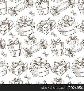 Gifts and presents decorated with ribbon bows seamless pattern. Box in shape of candy, celebration and greeting on special occasions, holidays and events. Monochrome sketch outline, vector in flat. Presents and gifts decorated with ribbon bows seamless pattern