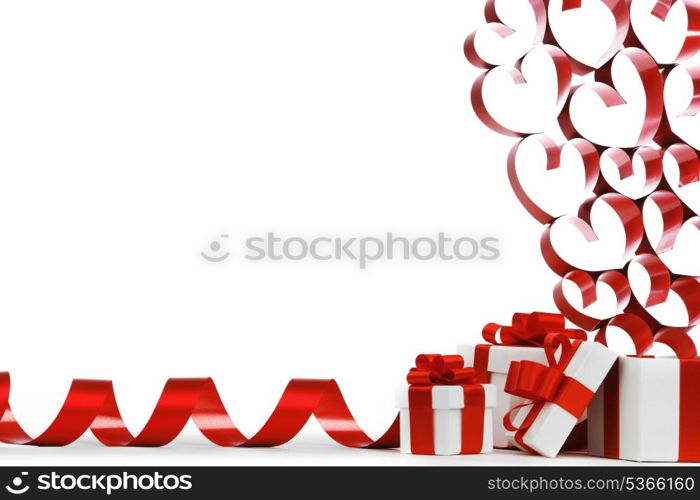 Gifts boxes with red ribbons and hearts, valentines day concept