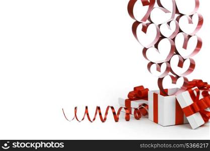 Gifts boxes with red ribbons and hearts, valentines day concept