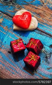 gifts in packaging and wooden hearts for Valentine&#39;s Day