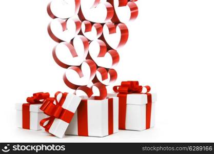 Gifts in white boxes with red ribbons and hearts isolated on white background