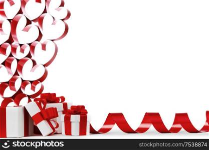 Gifts in white boxes with red ribbons and hearts isolated on white background. Gifts and hearts on white
