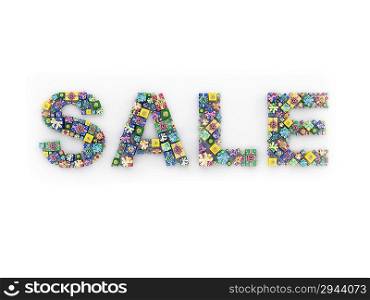 GIFTS SALE with shadow (word made of different sized and colored gift-boxes)