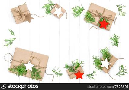 Gifts with christmas decoration and paper tags. Holidays background