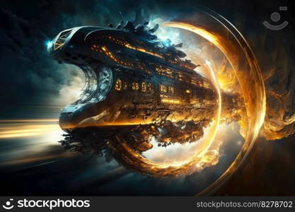 Gigantic spaceship travel into a quantum world. distinct generative AI image.. Gigantic spaceship travel into a quantum world