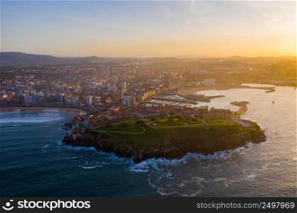 Gijon city center downtown and harbor aerial drone view in Asturias, Spain