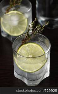 Gin and tonic with a slice of lime and sprigs of thyme