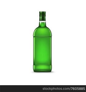 Gin bottle without label isolated. Vector green high spirit drink, mint liquor. Liquor or green gin high spirit drink in bottle