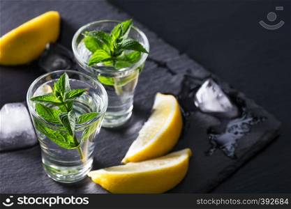 Gin or vodka with mint lemon and ice on a black background. Alcohol cocktail with citrus and herbs. Copy space. Gin or vodka with mint lemon and ice