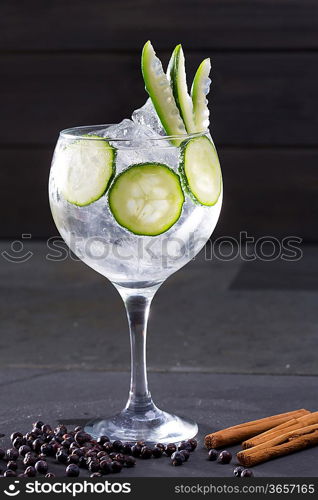 Gin tonic cocktail with cucumber and cinnamon and juniper berries on black