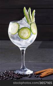 Gin tonic cocktail with cucumber and cinnamon and juniper berries on black