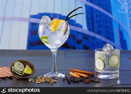 Gin tonic cocktail with spices in urban city buildings background