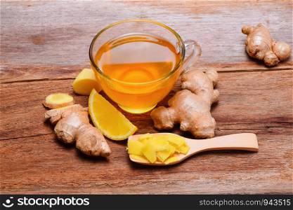 Ginger tea on wooden table