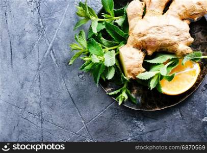 ginger with fresh mint on plate, stock photo