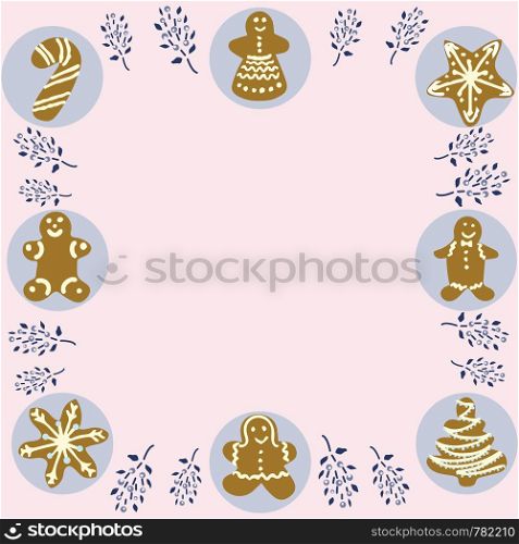 Gingerbread biscuits frame for text on pale pink background. Space for text. Flat style illustration. Greeting card, poster, design element. . Gingerbread biscuits frame for text on pale pink background