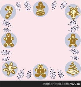 Gingerbread biscuits frame for text on pale pink background. Space for text. Flat style illustration. Greeting card, poster, design element. . Gingerbread biscuits frame for text on pale pink background