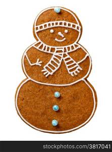 Gingerbread cookie for Christmas isolated on white background. Snowman shape cookie