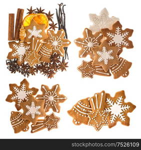 Gingerbread cookies and spices isolated on white background. Sweet Christmas food. Cinnamon sticks, star anise, vanilla and cloves