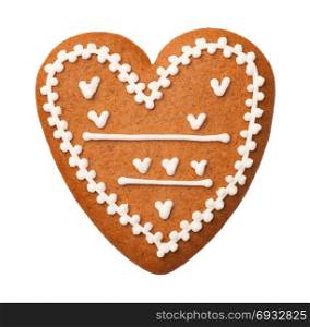 Gingerbread heart cookie isolated on white background. Top view