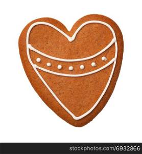 Gingerbread heart cookie isolated on white background. Top view
