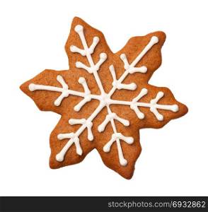 Gingerbread snowflake cookie for christmas isolated on white background. Top view