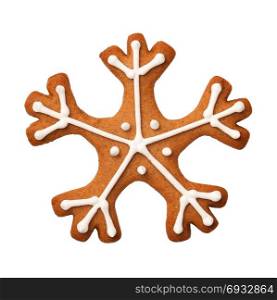 Gingerbread snowflake cookie isolated on white background. Top view