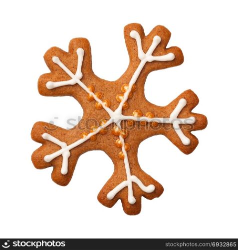 Gingerbread snowflake isolated on white background. Top view