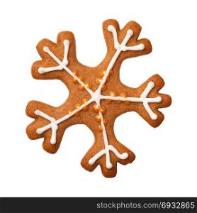 Gingerbread snowflake isolated on white background. Top view