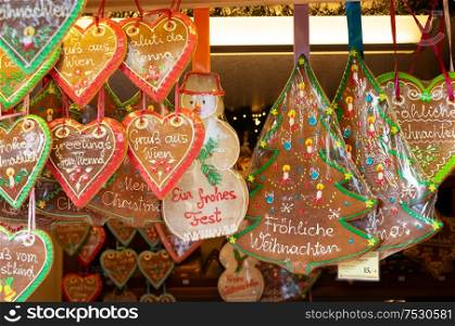 Gingerbread traditional christmas cookies at austrian traditional Christmas Market. Ginger bread traditional cookies