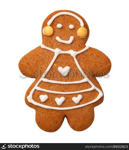 Gingerbread woman cookie isolated on white background. Top view