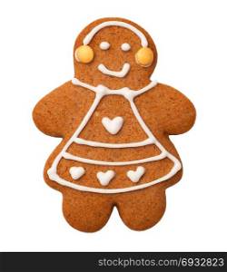 Gingerbread woman cookie isolated on white background. Top view