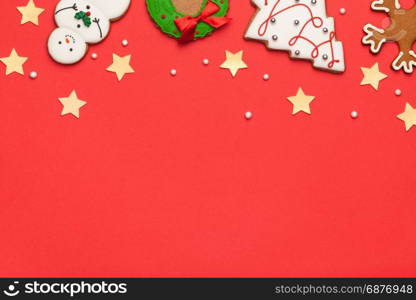 Gingerbreads christmas background. Copy space. Top view