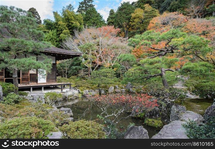 Ginkakuji temple or Temple of the Silver Pavilion during autumn colors in kyoto, Japan. Togu-do building, a national treasure.