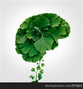 Ginkgo Biloba brain as a herbal medicine concept and natural phytotherapy medication symbol for healing as leaves shaped as a thinking human organ.