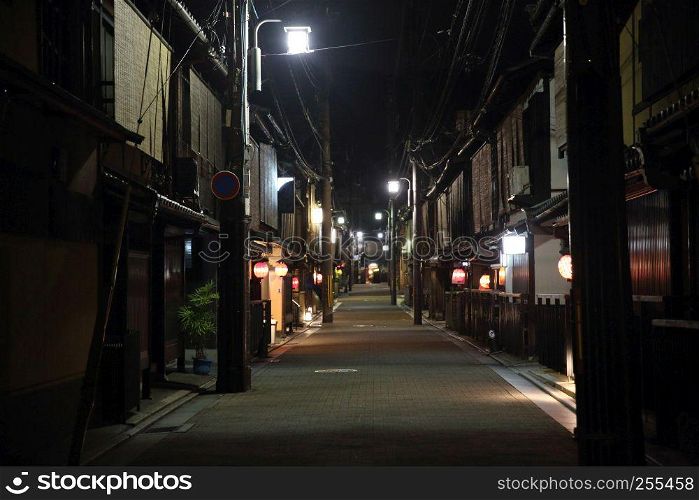 Gion street walk in Kyoto Japan at night with selective focus and blur