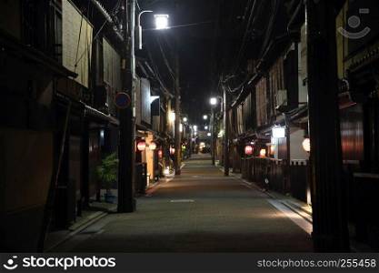 Gion street walk in Kyoto Japan at night with selective focus and blur