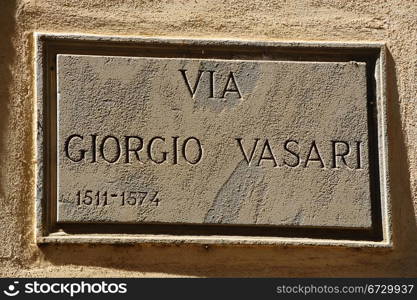 Giorgio Vasari Street Sign In The Italian City Arezzo