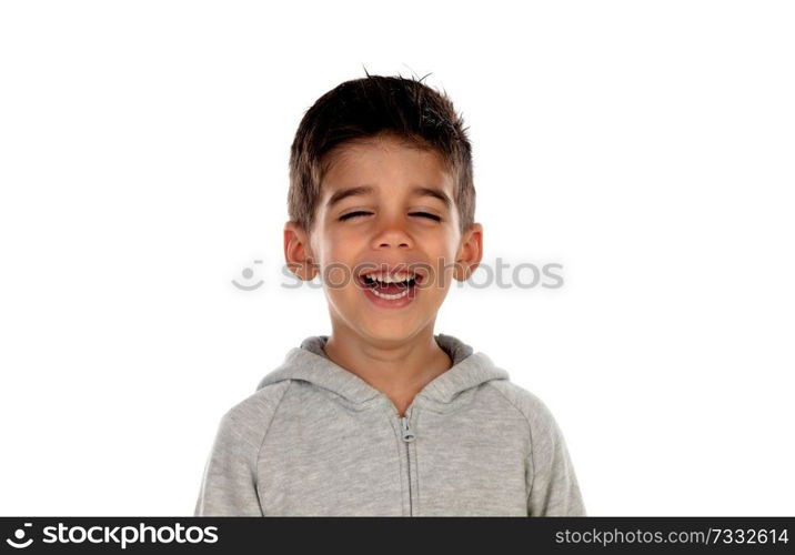 Gipsy child with grey sweatshirt isolated on a white background