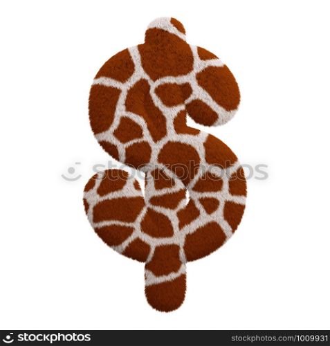 Giraffe dollar currency sign - 3d Giraffe fur business symbol isolated on white background. This alphabet is perfect for creative illustrations related but not limited to Safari, Wildlife, Africa.
