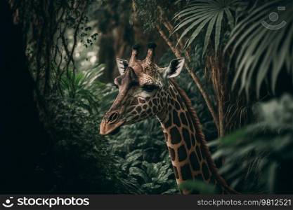 Giraffe in tropical forest. Illustration Generative AI