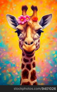 Giraffe with Flowers on a Colorful Background. Generative ai. High quality illustration. Giraffe with Flowers on a Colorful Background. Generative ai