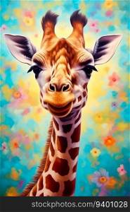 Giraffe with Flowers on a Colorful Background. Generative ai. High quality illustration. Giraffe with Flowers on a Colorful Background. Generative ai